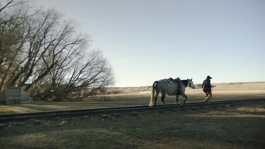 A cowboy is leading his horse on the empty train tracks