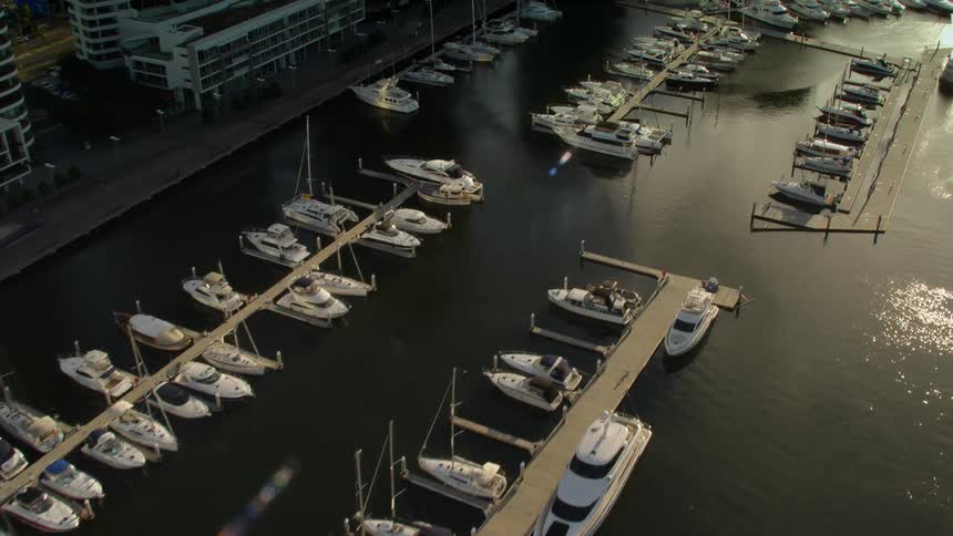 Boats docked at a marina on a river through a metropolis during the day