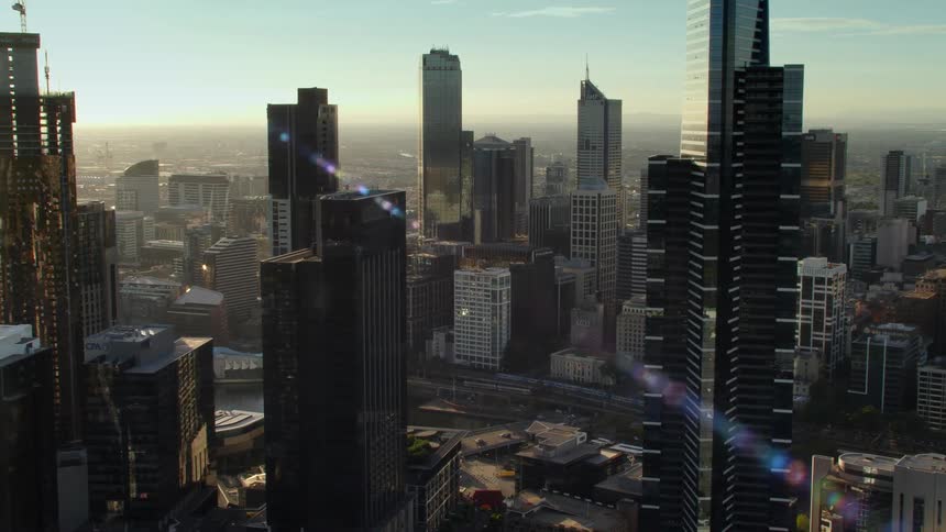Aerial view of the city skyline at evening