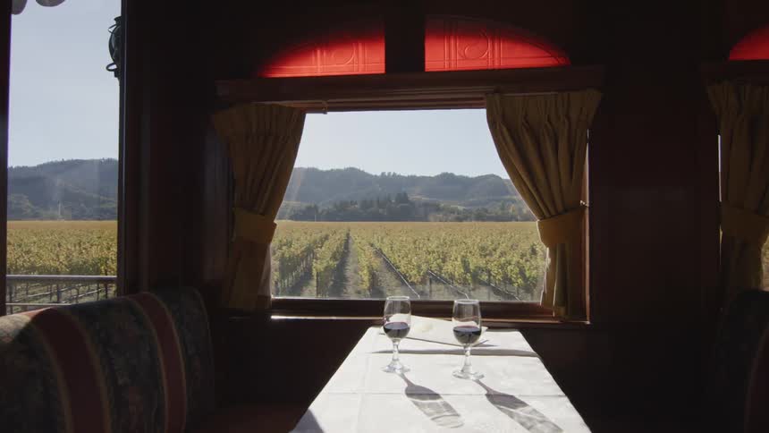 Two glasses sit in the train passing the vineyard