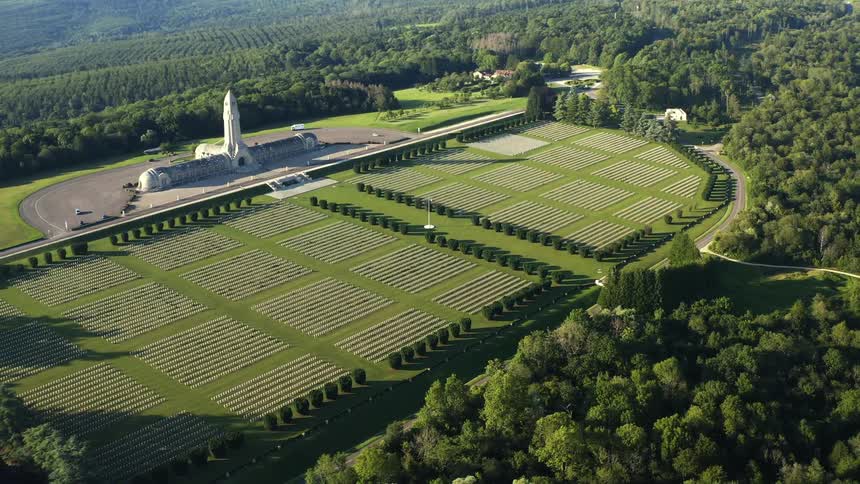 An aerial view of a monument at a military cemetery
