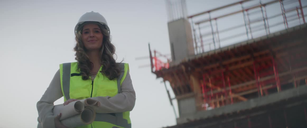 A woman holds blueprints as she stands in front of a building under construction