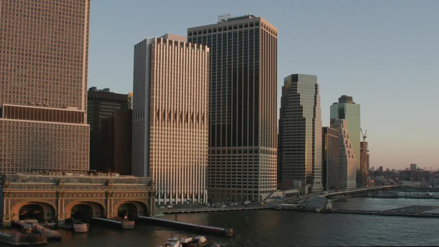 Aerial view of the skyline of new york city at sunset