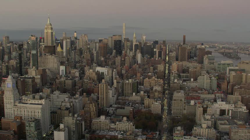 Aerial view of high rise buildings offices and apartments at dawn in city