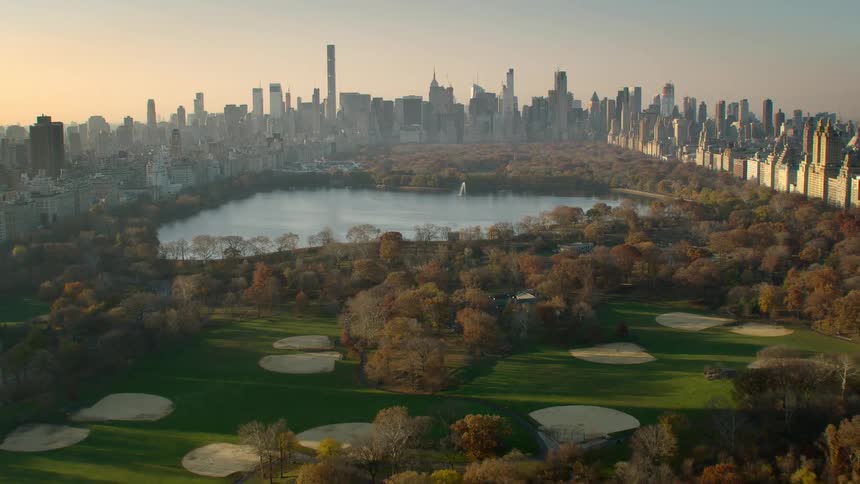 Aerial view of central park in new york city at sunset