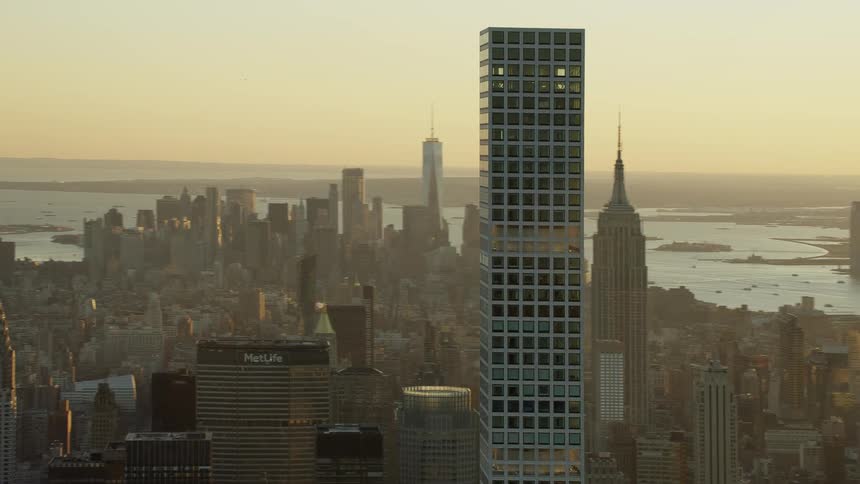 Aerial view of the steinway tower in new york city at sunset