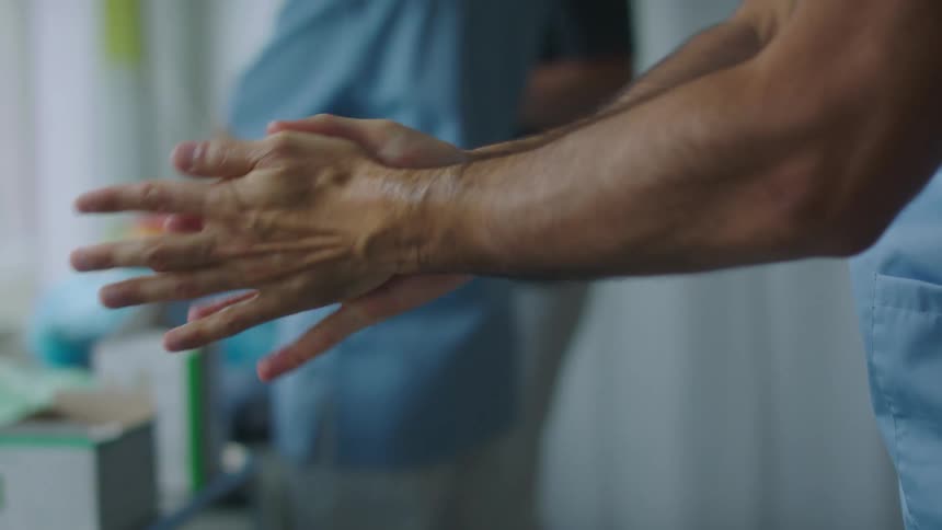 Male in scrubs sanitizes his hands with sanitizer standing near window along with other medical personnel