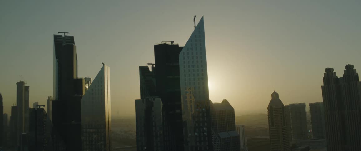 Aerial view of high rise office buldings at dawn