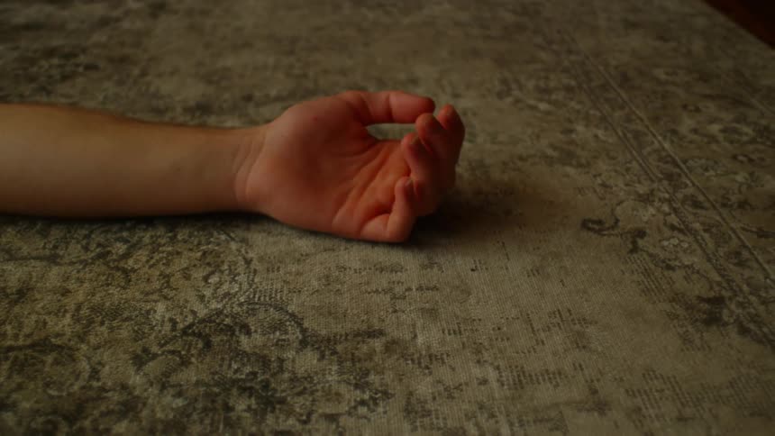 A persons arm is laying on the carpeting