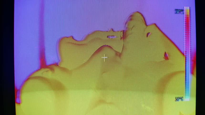 Digital screen displays temperature reading on scale and associated graphic