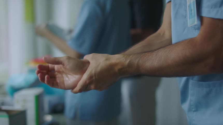 A doctor washes his hands while people in the background look at supplies