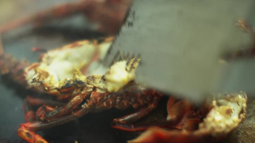 Chef cooking slices of lobster turning it with a spatula