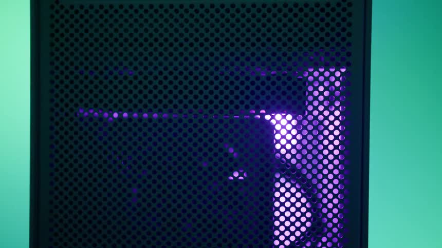 A view of a computer with colorful lights on it