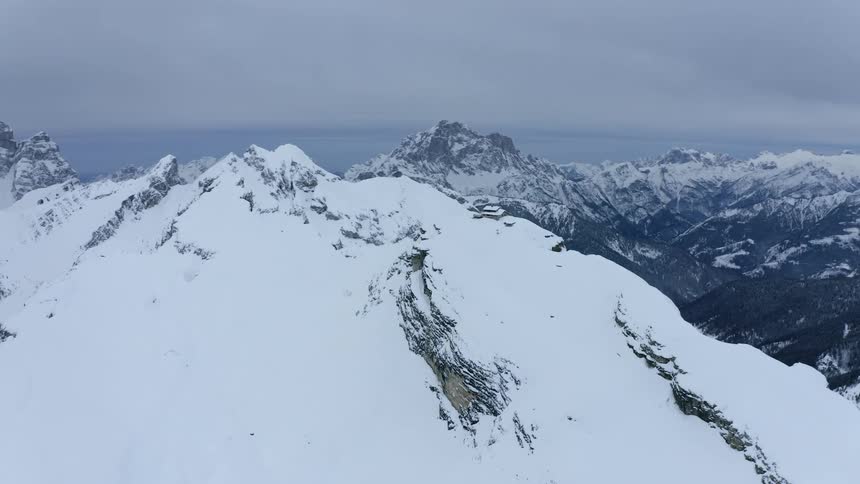 A mountain range covered in snow under a dark sky full of storm clouds