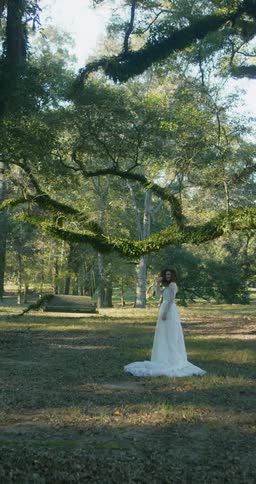 Woman with curly hair and in white wedding dress stands under tree in the forest