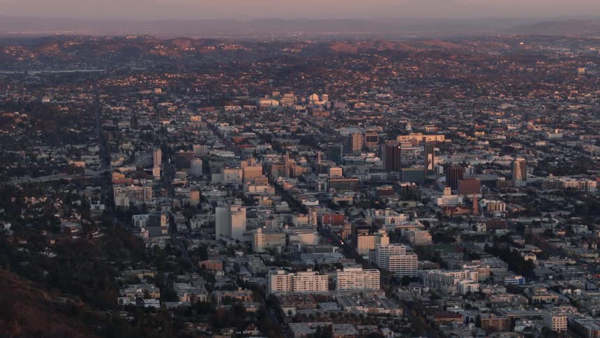 An aerial view of Hollywood Boulevard in Los Angeles at golden hour