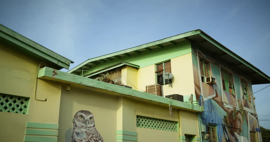 Wall paintings and mural painted on the facade walls of a house under a blue sky