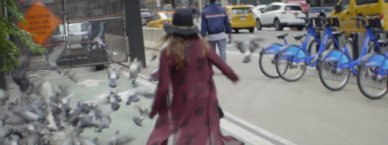 A woman in a purple jacket scares a flock of pigeons
