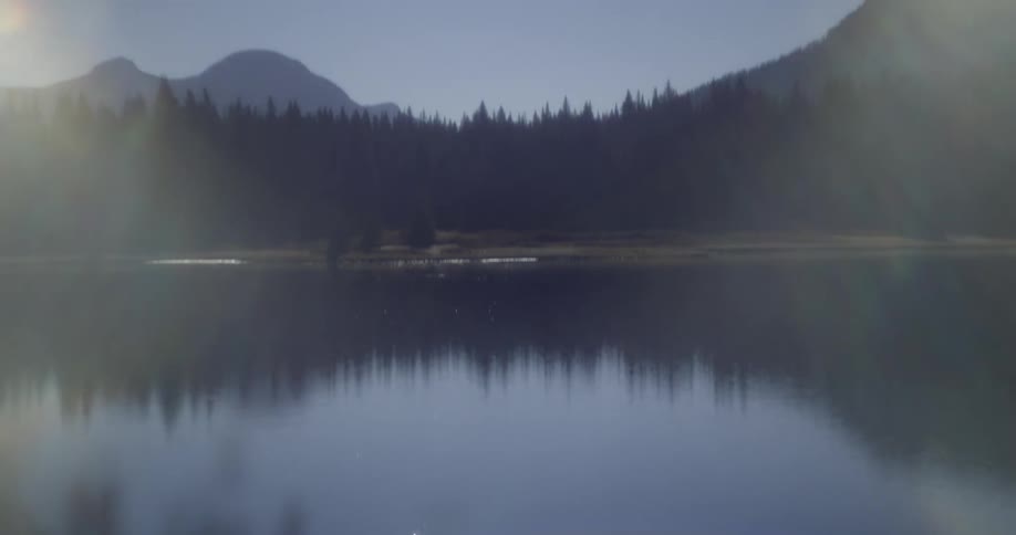 Sunlight reflecting on the surface of a lake near the pine tree forest in the mountain