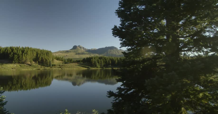 An aerial view of a peaceful lake in a forest with a mountain in the background during the daytime