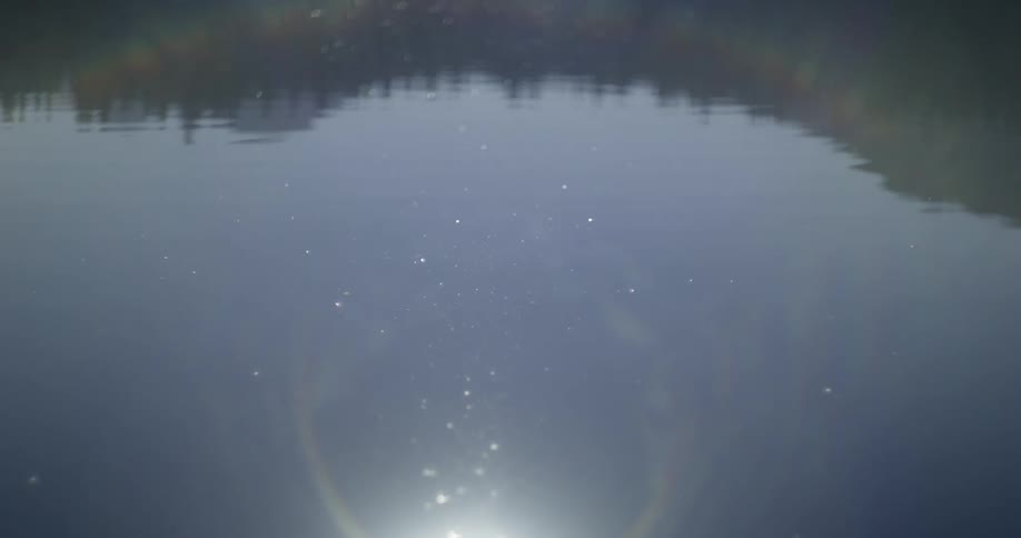Rippling water reflects shore and bright sunlight