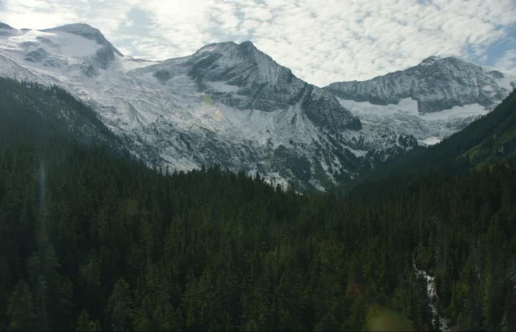 Aerial view of a river on the pine tree forest near the snow covered slopes of a mountain range at morning