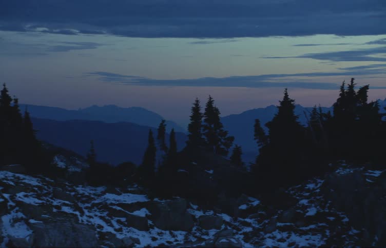 Trees line the top of the mountain at sunset