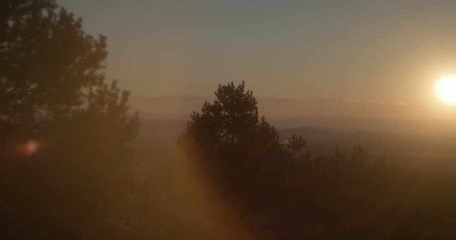 Sun rises in the morning over the foggy field