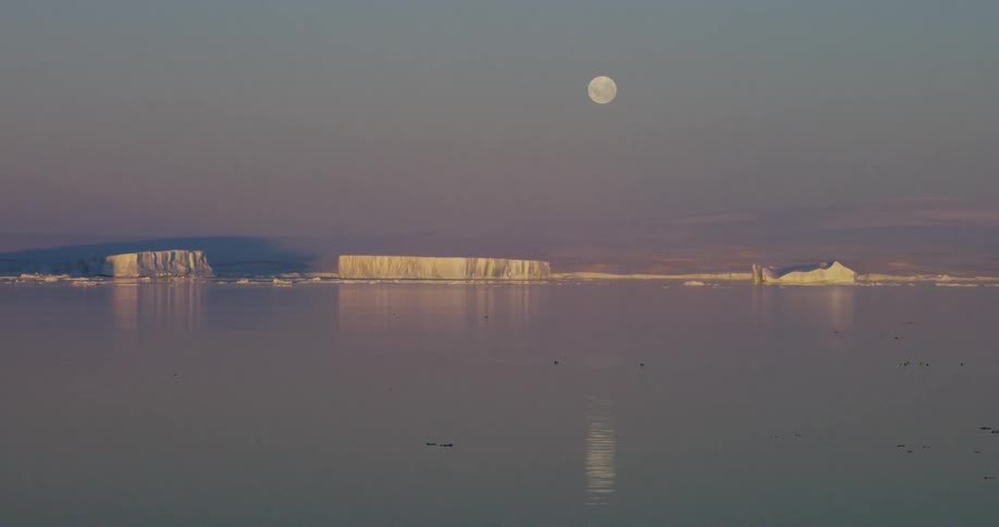 Ice floats in the water at dawn