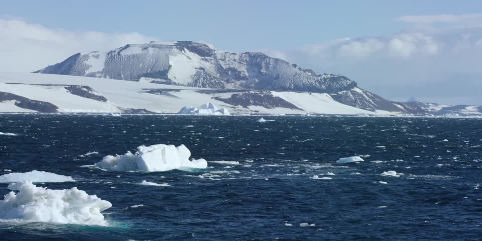 Glaciers float in a body of water with a mountain in the background
