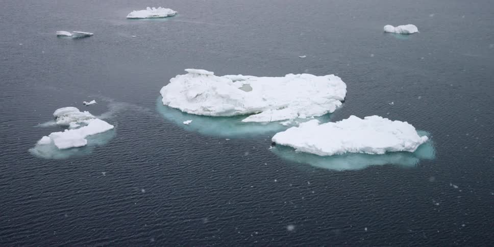 Icebergs float in the water as it snows