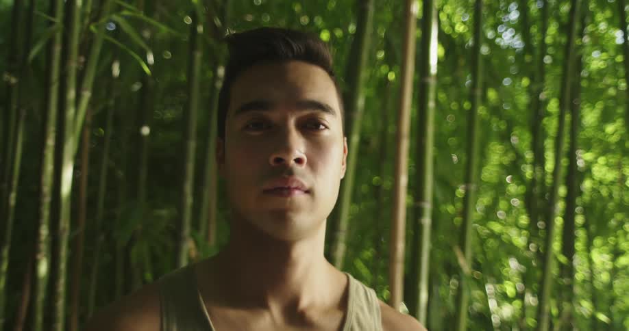 Young man standing in front of a bamboo forest looking at the camera in the morning