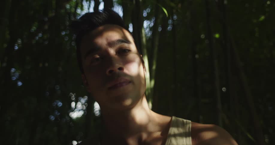 A man in a forest turns his head and looks ahead