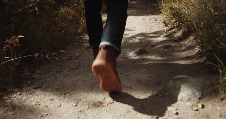 A person is hiking on the dirt trail