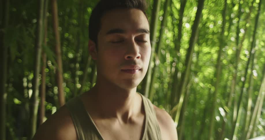 A young man wearing a tank top stands with bamboo trees behind him