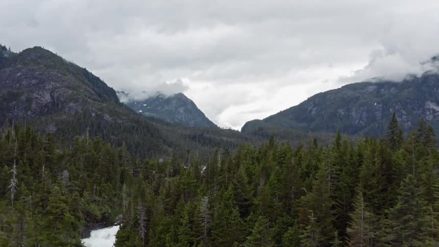 A river runs through a forest with mountains in the distance high in a cloudy sky