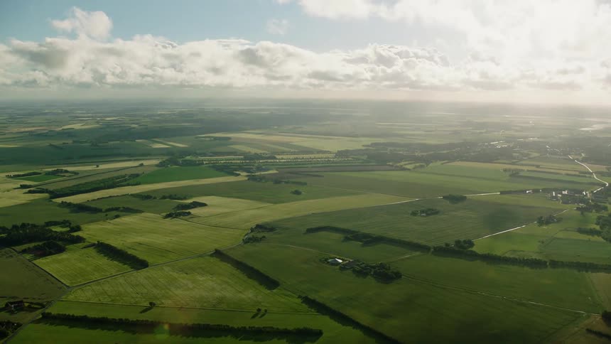Aerial view of farms on the countryside at morning