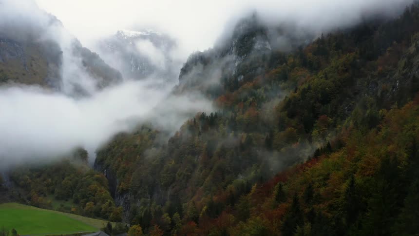 Aerial shot of a foresty mountain