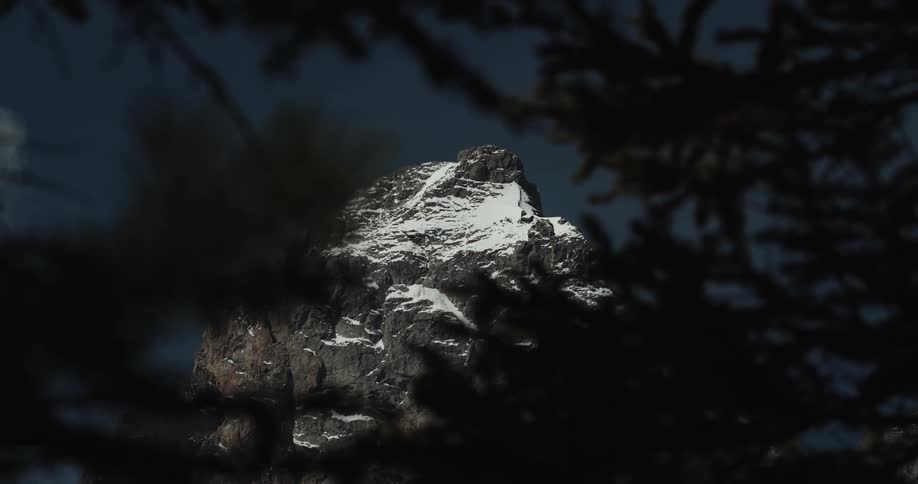 Snow covered slopes of a mountain peak seen through the branches of a tree