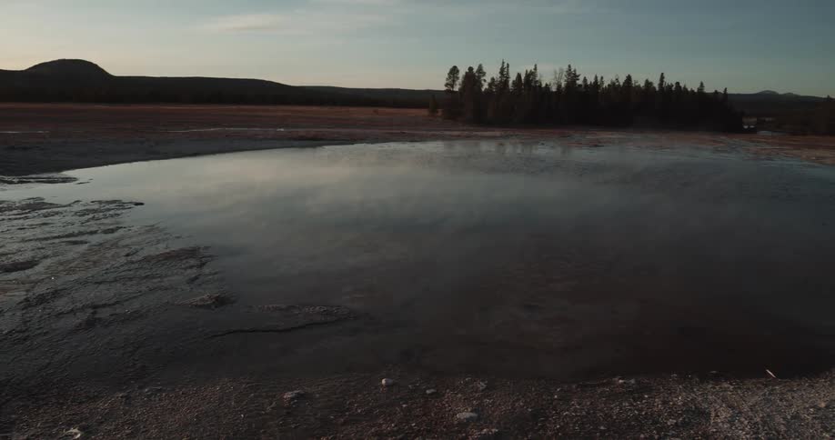Panning shot of a small lake at dusk