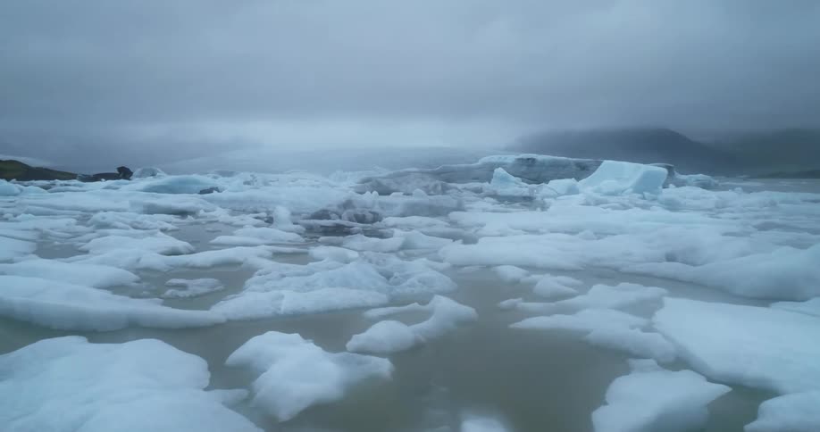 Large pieces of ice are floating in the arctic water under a cloudy sky