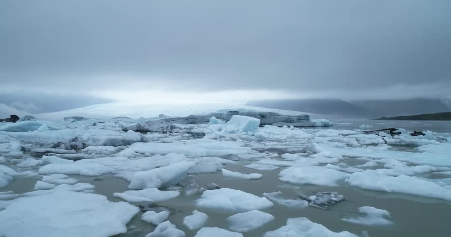 An aerial view of ice and glaciers in the ocean