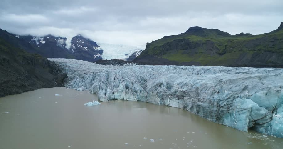 An aerial view of glaciers in the mountains