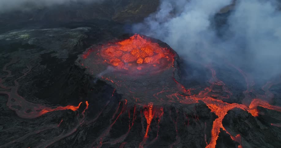 A volcano with molten lava and smoke