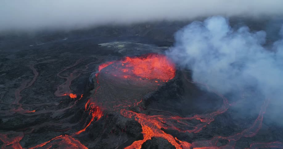 A volcano with molten lava and smoke