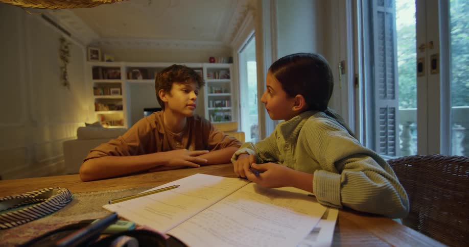 A brother and sister are studying at home in the living room during the daytime