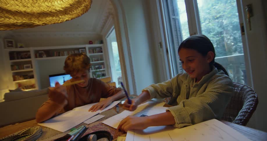 Two children are doing homework together at home in the living room during the day