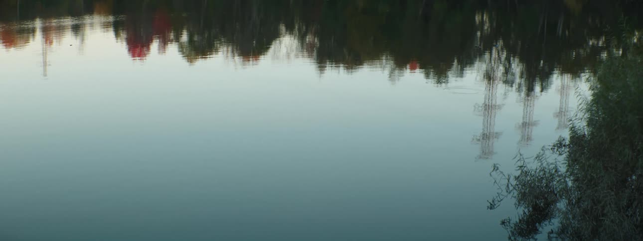 Lake water reflects autumn trees and electric transmission tower