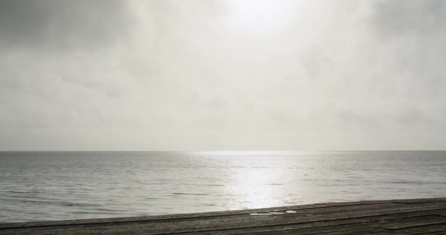 A man in swim trunks dives off a wooden pier into the ocean during the day