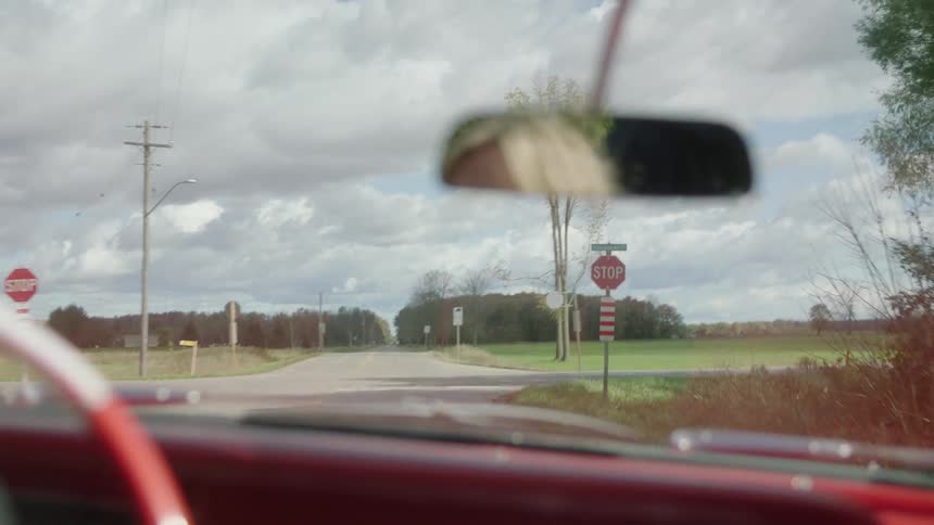 A woman blows the stop sign while driving down the road